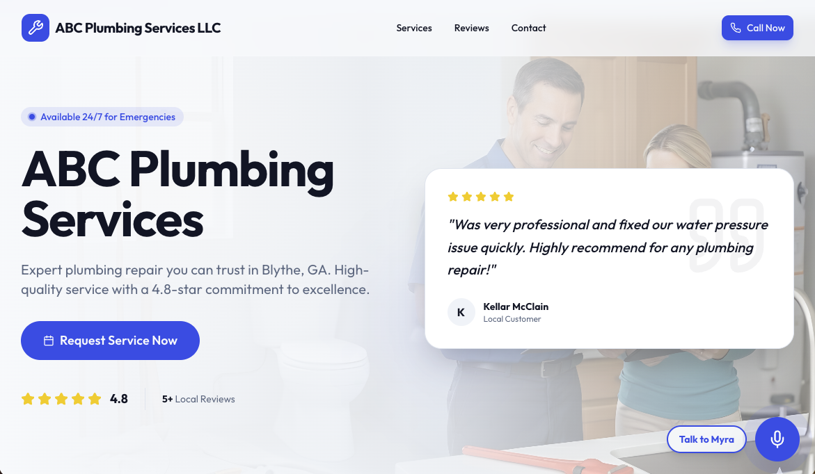 AI-powered PlumberAI website — professional design with 24/7 voice agent, star ratings, and instant booking